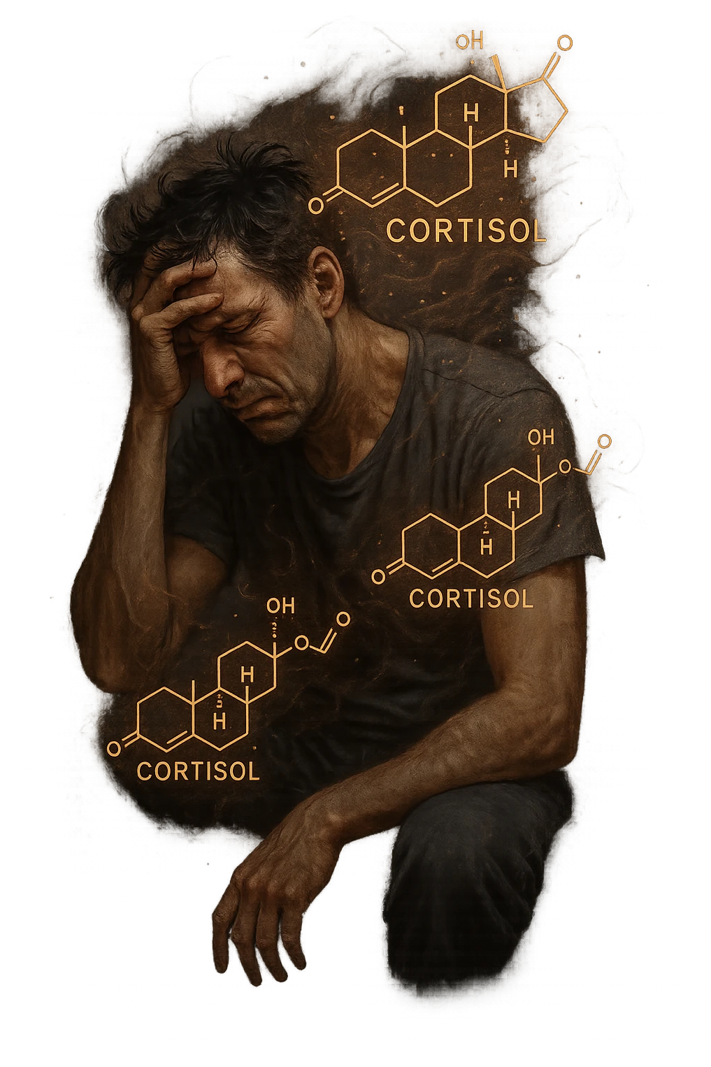 realistic and cinematic representation of elevated cortisol, symbolic human figure showing signs of stress, anxiety, insomnia, and fatigue, visual elements representing cortisol hormone, no background, 2:3 aspect ratio emoji