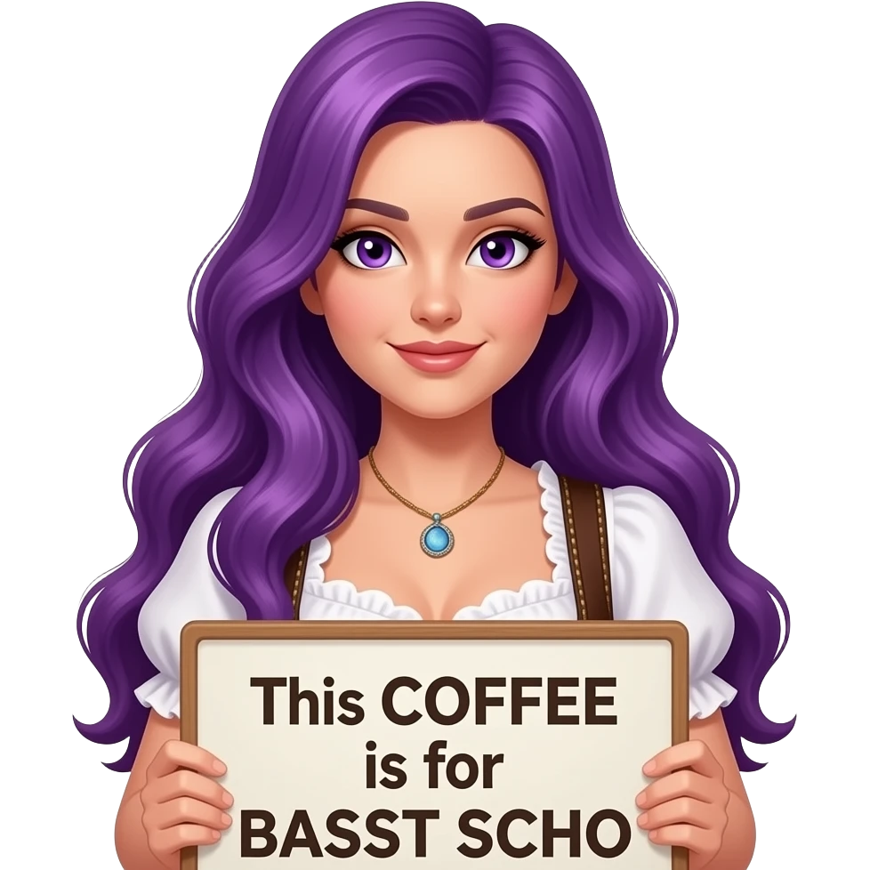 sexy girl with long purple hair and purple eyes wearing a dirndl holding a This COFFEE is for BASST SCHO sign emoji