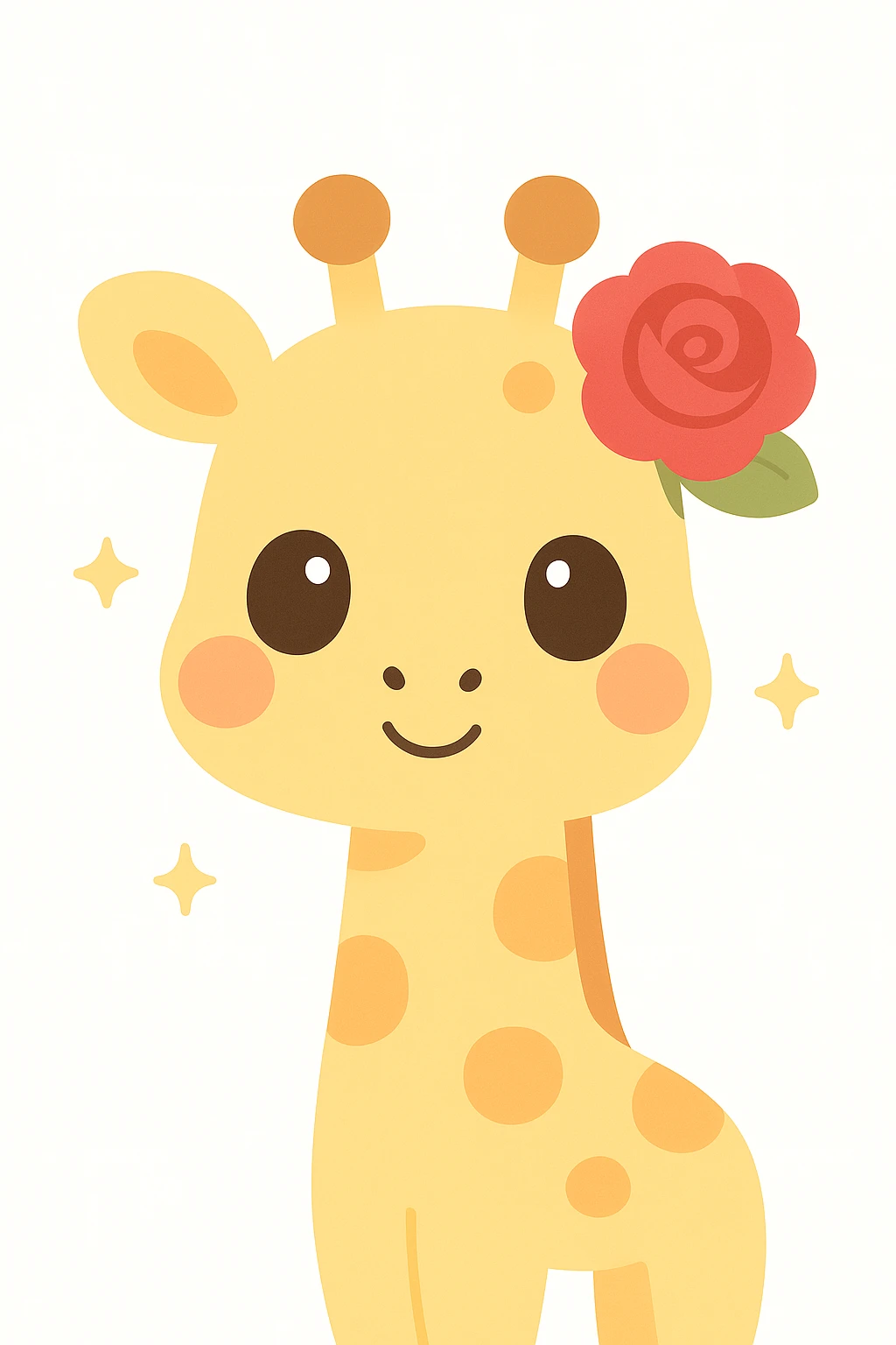 a charming and expressive giraffe with a red rose tucked behind her ear, cute and expressive style emoji