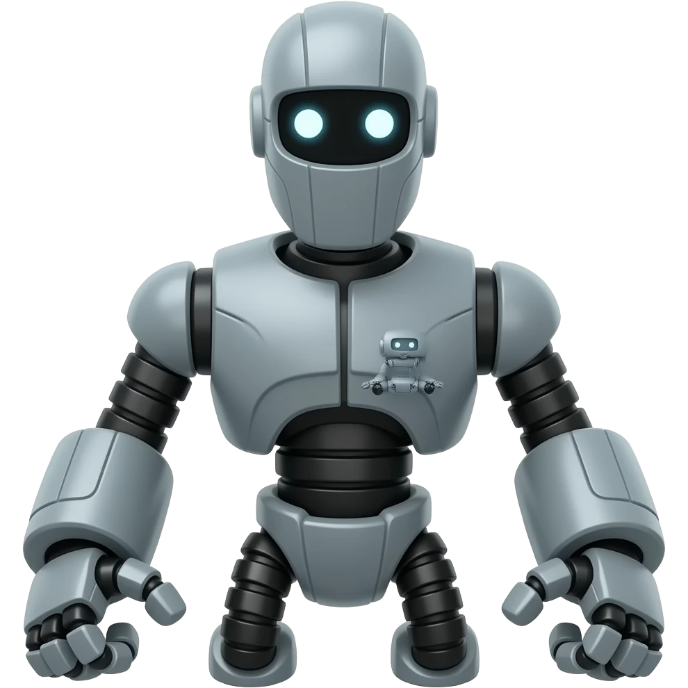 A platform with 2 legs facing forward with glowing white eyes and with no arms and also big carrying a tiny robot emoji