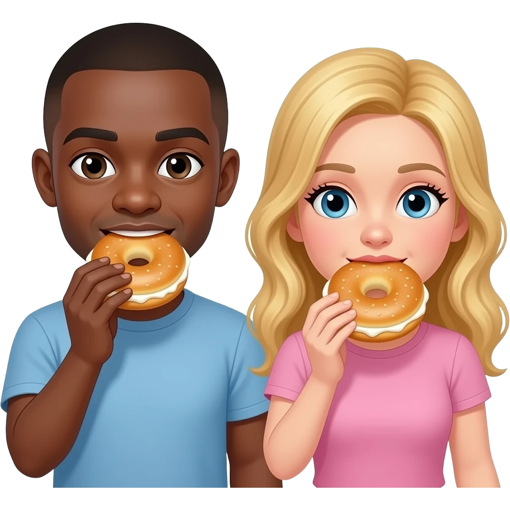 Black man with shaved head & blonde girlfriend eating bagel with cream cheese emoji