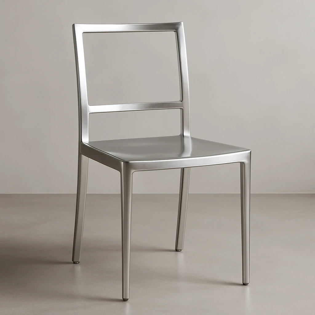a silver dining chair, elegant and modern, metallic shine, minimalistic design emoji