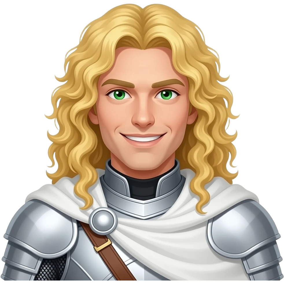 A white man with very long curly, bright golden hair put in a middle part. He is wearing white armour with a white cape. He is clean shaven and has a smile that cuts like a knife. He also has emerald green eyes. He has a sharp jawline. He is in his early thirites. emoji
