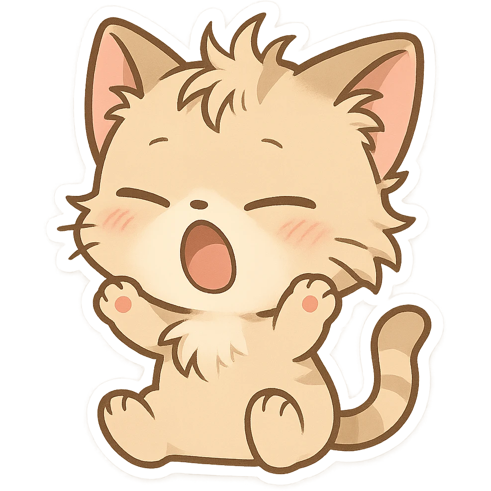chibi style cat waking up, tiny paws, messy fur, cute expression emoji