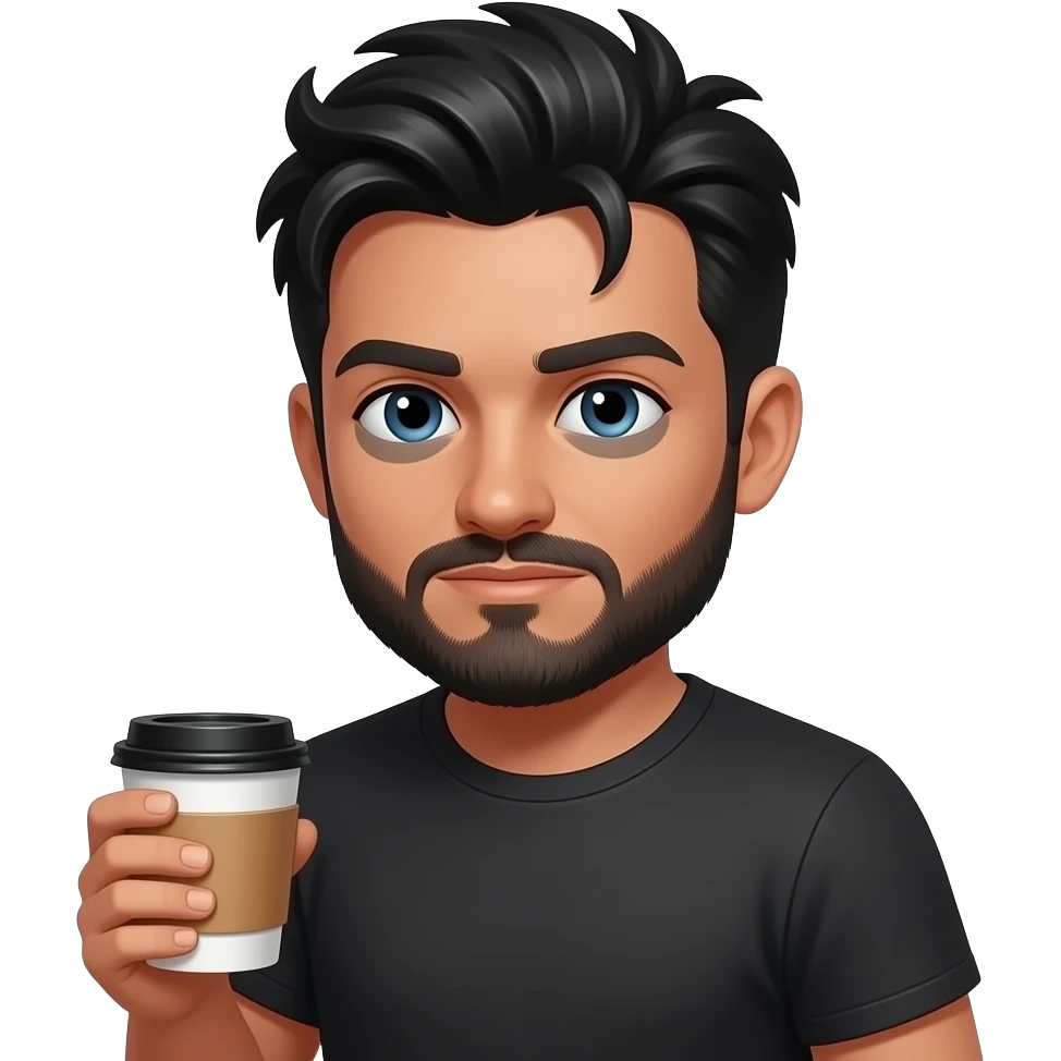 Brown male, black tapered messy hair, Blank face, slightly slouched, holding coffee, with black short beard. Bloodshot eyes with darker eyebags emoji