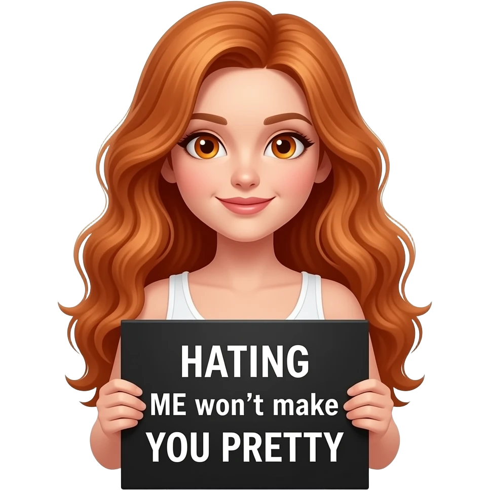 sexy girl with long wavy ginger hair and ginger eyes wearing a white tanktop is holding a black colored sign with HATING ME won't make YOU PRETTY written on it emoji