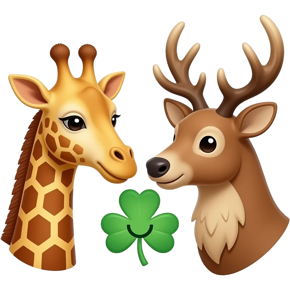 Einfacher Giraffenkopf und Elchkopf schauen sich an mit Glücksklee emoji