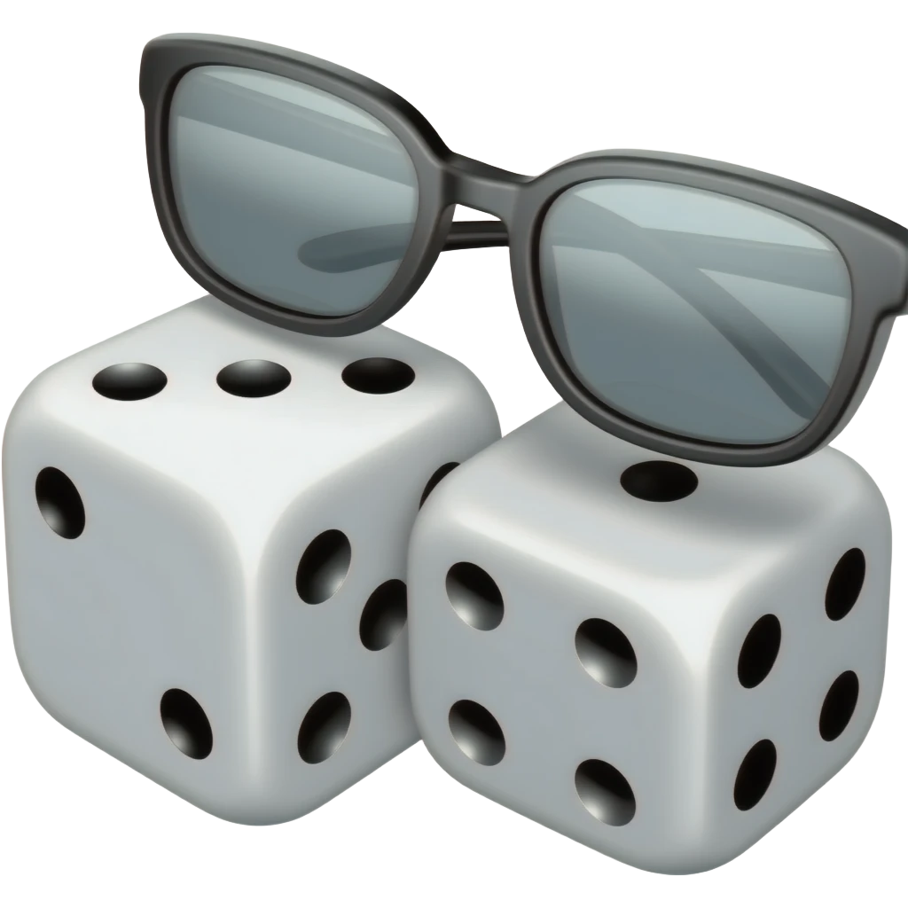 Semi‑realistic illustration of two white dice showing random pips with a pair of dark sunglasses resting on or beside them, soft shadows and highlights, warm fantasy palette, painterly shading, transparent background, square, no text. emoji
