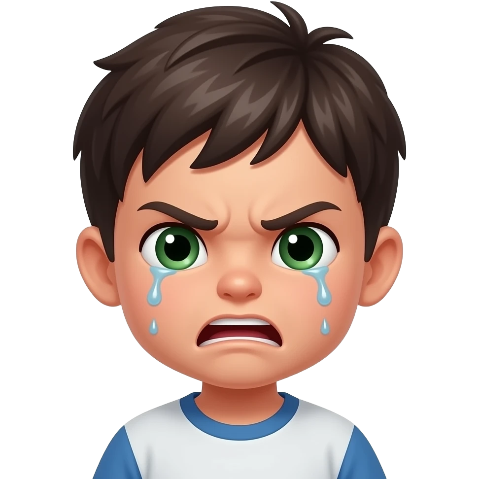 Little slim dark haïr boy with dark green eyes with hash with very angry face, crying emoji