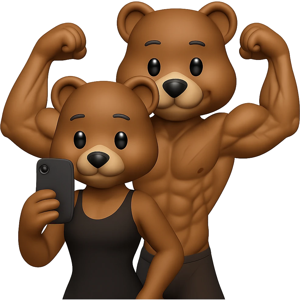 Edit the two muscle bears in a 3D apple emoji style. The bear in front should have a female shape that is slimmer, more athletic, and without a hat. The bear behind should have a male shape doing a double biceps pose, with more muscle separation and visible veins, showing low body fat. Both bears should look strong, natural, affectionate, and cute. Keep the same pose as before. Remove the background. The style should resemble 3D apple emojis as closely as possible. emoji