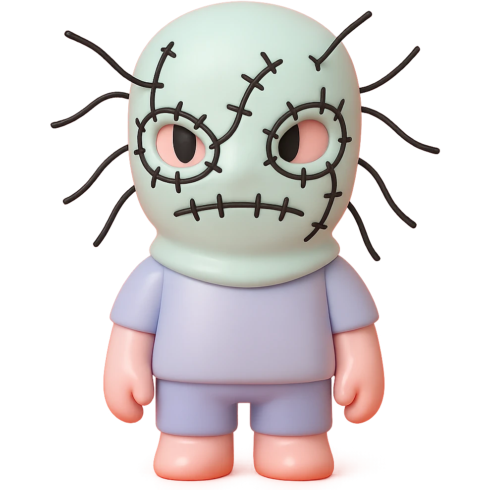 The mask is made of thick, white knitted fabric that fully covers the head and neck. It features irregular black stitching that outlines the eye and mouth areas, creating an abstract, hand-drawn effect. Several black cords or threads extend outward from the mask, adding a textured, chaotic look. The eye openings are partially exposed, allowing visibility, while the mouth area remains mostly covered. The overall construction appears handcrafted, with visible seams and uneven lines contributing to a rough, deconstructed aesthetic. emoji