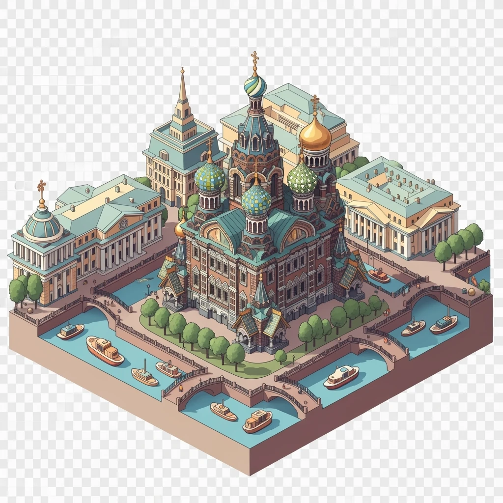 Isometric illustration of Saint Petersburg with the Church of the Savior on Spilled Blood and canals, toy boats and bridges, in pastel miniature diorama style, transparent background emoji