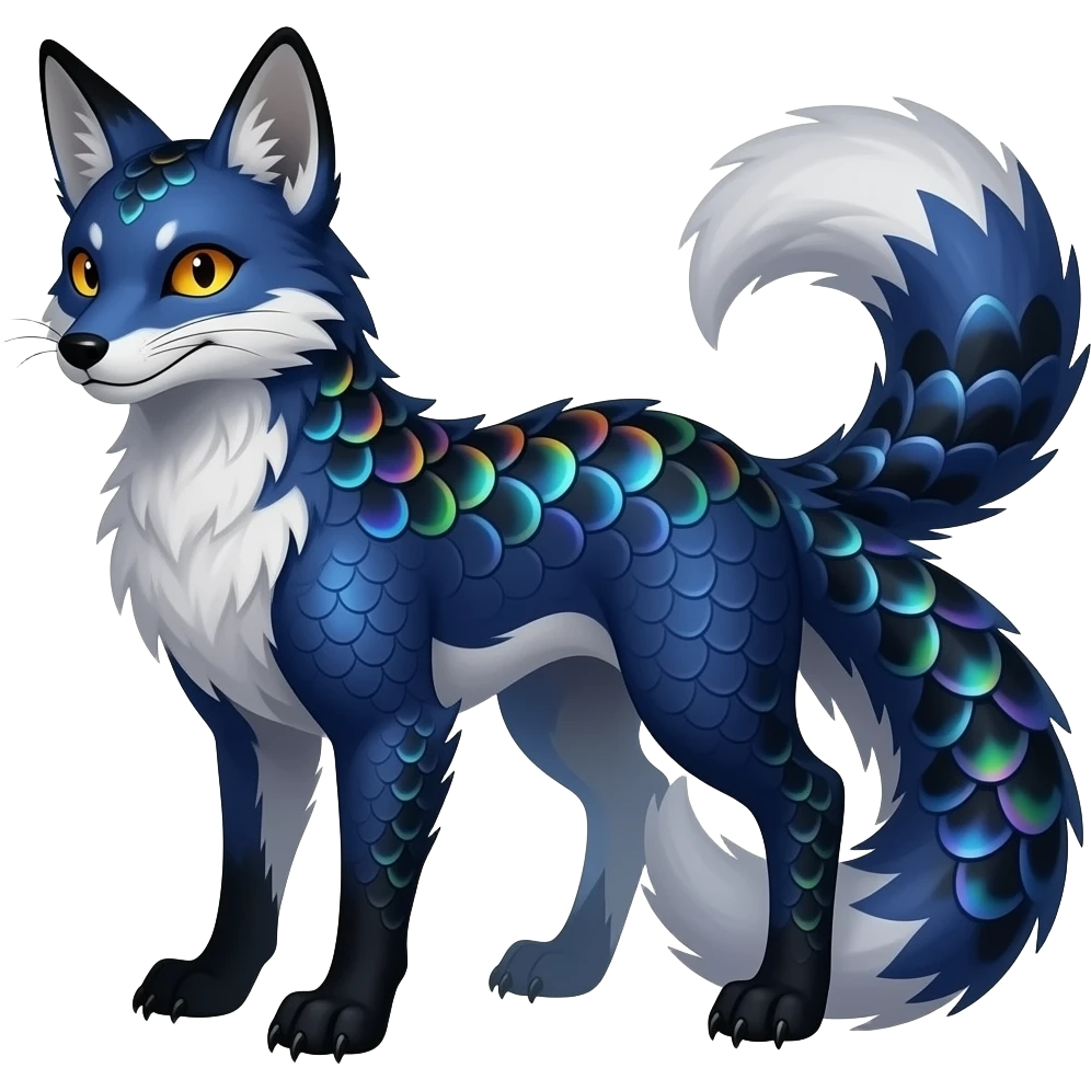 Feral Rare Fantasy scaly evil spooky vibrant dark shady shaded detailed deep-dark-cobalt-blue-gradients-colored colorful Vernid-Sergal-Genet-Trico-Fox-species by LiLaiRa, with dark-blackish points, white belly, random markings, tufted tail, tufted ears, full body emoji
