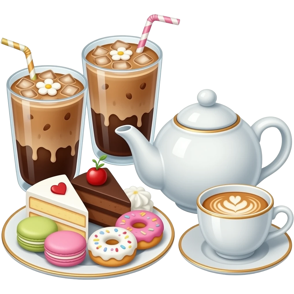 Main café items in a Barbie-inspired pastel style, including hot and iced coffee cups with cute straws or toppers, latte art designs like hearts and flowers, an elegant teapot and teacup set, and a dessert plate filled with cake slices, macarons, and donuts with pastel colours emoji