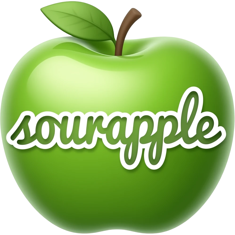 green calligraphic letters with a white border spelling "sourapple" inside a border of a green apple emoji