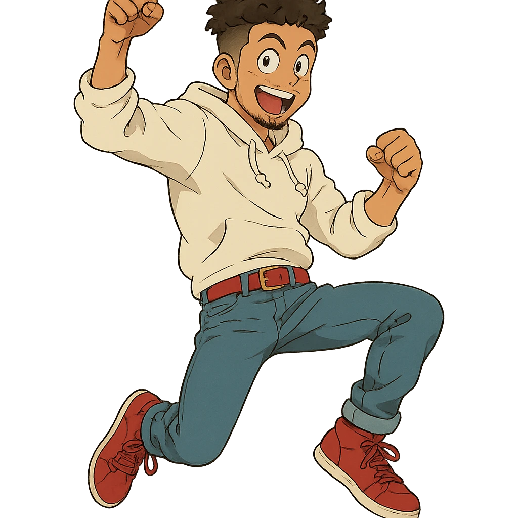 1 male, mid fade haircut dark chestnut brown curly hair, toasted lightskin, white hoodie sleeves up, fashion jeans, red fashion-sneakers shoes, red belt, short trimmed beard and goatee,  style of deku from "my hero academia", doing a "hype" pose emoji