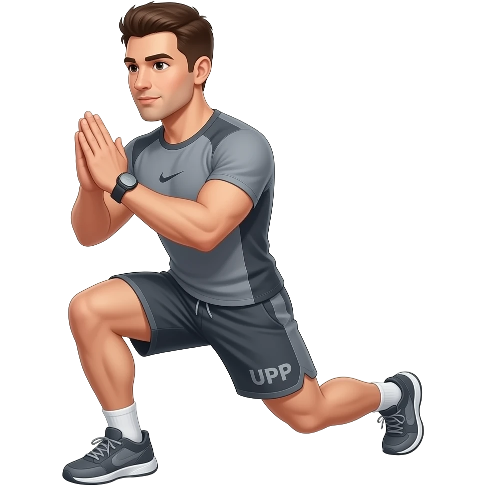 guy-wearing-all-grey-workout-top-and-grey-shorts-doing-lunge-with-"UPP" written on his shirt and shorts/thigh- emoji