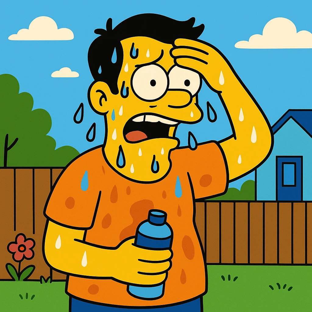 Sweat – liquid that comes out of your skin when you're hot, nervous, or exercising.
He was covered in sweat after running 5 miles. emoji