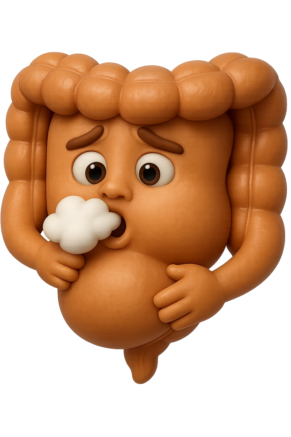 emoji stile iphone di un intestino che ingoia una nuvoletta di aria ben visibile e gli si gonfia la pancia, non fargli il naso, iperrealistico 4k emoji