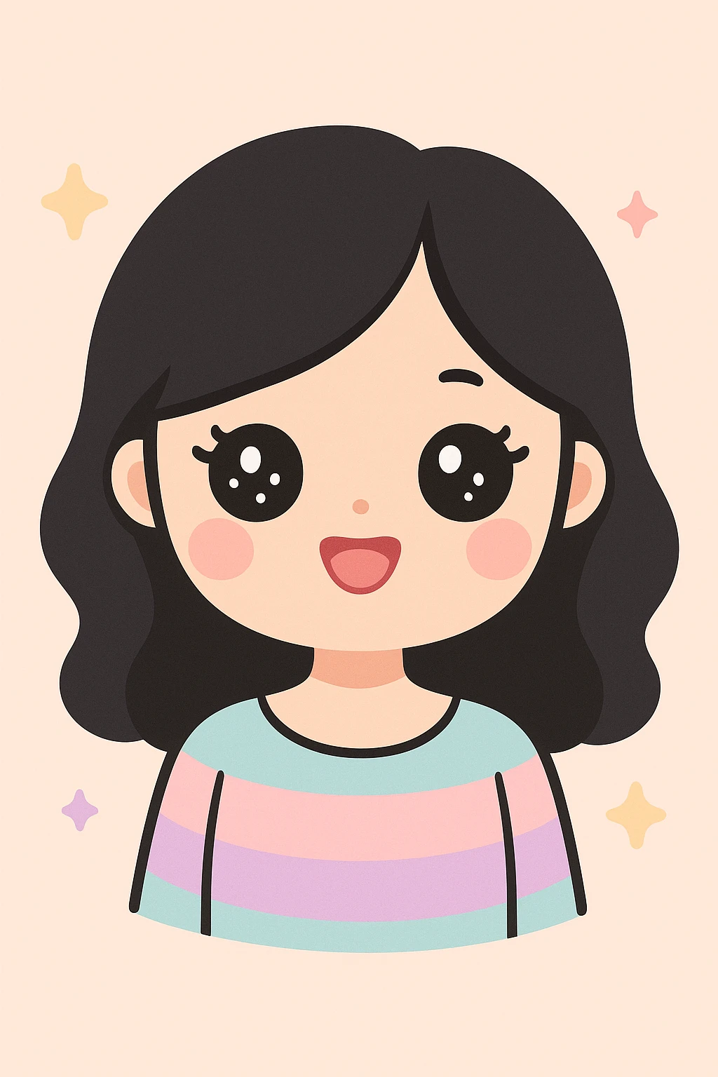 viral emoji girl, beige skin tone, doe eyes with cute eyelashes, light blush, pink glossy full lips, black off-shoulder 2b hair, wearing an aesthetic top, kawaii style emoji