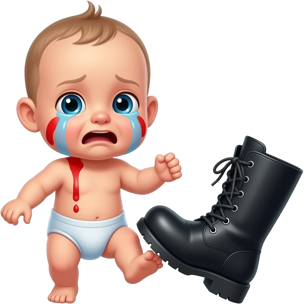 Crying baby with red paint running down face from top being kicked with a black boot emoji