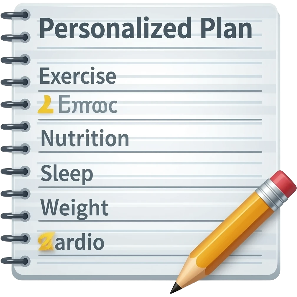 A gym workout plan, with a pencil in the corner and titled "Plan personnalisé" should clearly state the following: 
Exercice
Alimentation
Sommeil
Poids
Cardio emoji