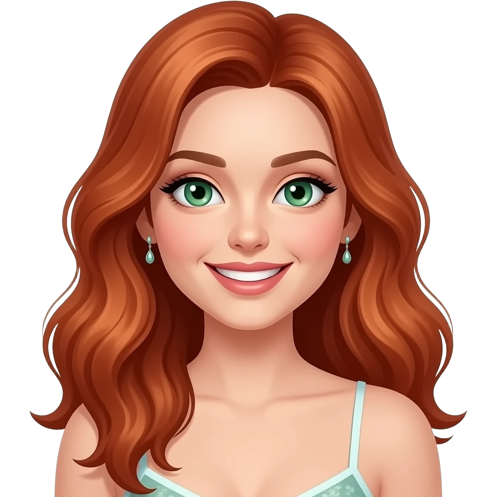 jeune femme rousse, yeux verts, cheveux très longs ondulés, grand sourire charmeur, maquillage, botox, camisole, anneaux aux oreilles emoji