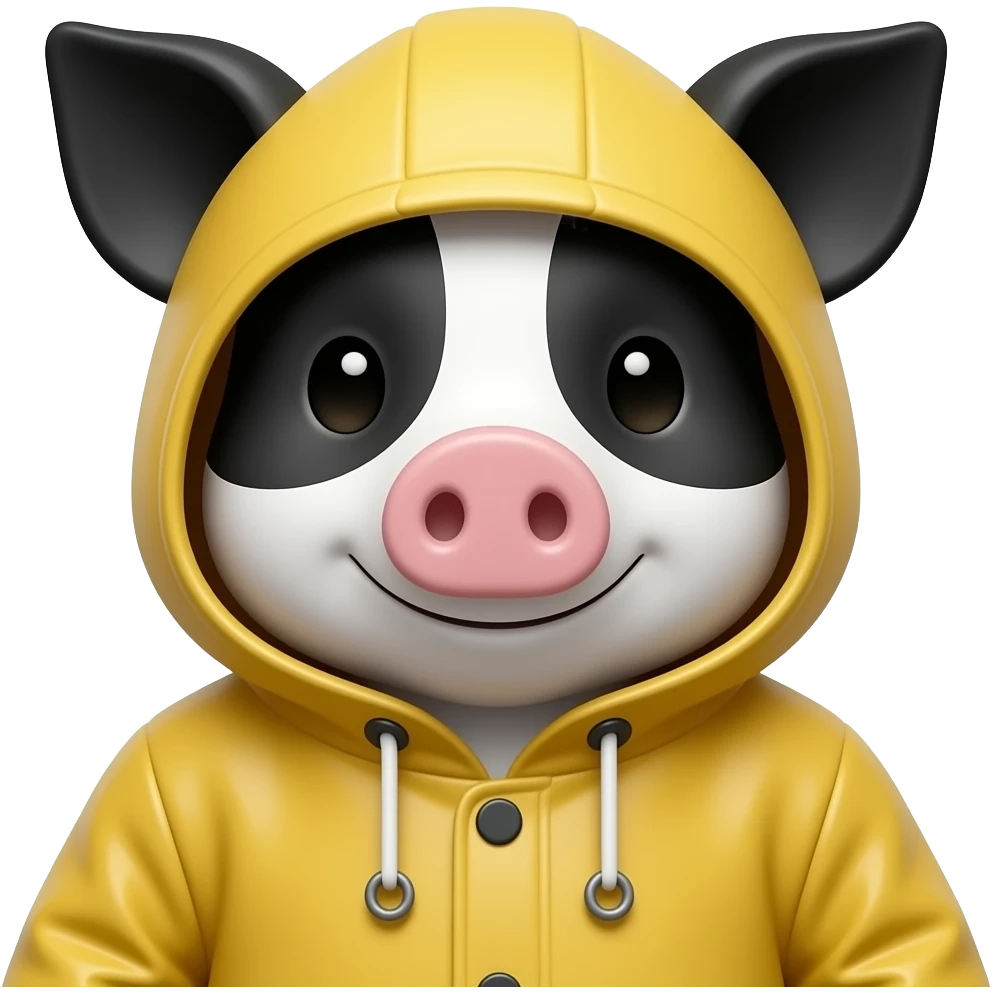 black and white raincoat pig closeup emoji