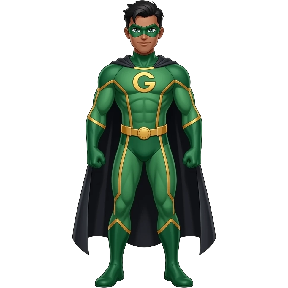 Anime male brown skin superhero suite all green and gold lines black long black cape green masks look superstrong black slick hair letters G on the suite very tall full body emoji