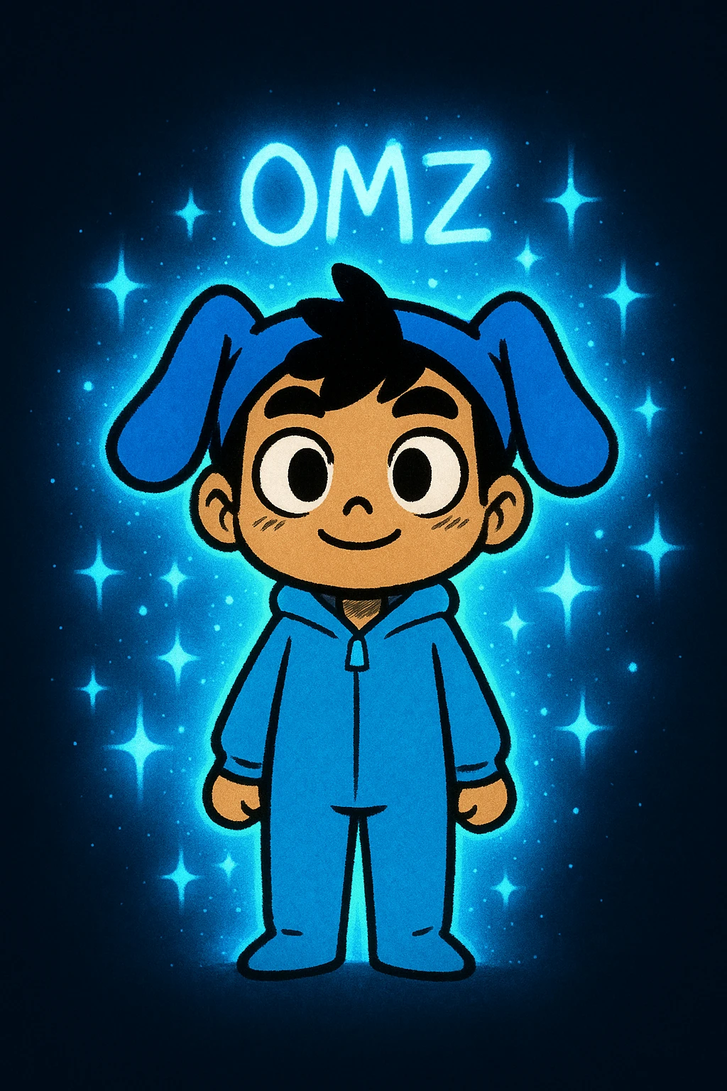 Extract the blue character (OMZ) from the group in the reference image, keeping the picture quality and style exactly the same. Add a glowing blue aura and sparkles around the character to make it stand out, preserving the original style and details. emoji