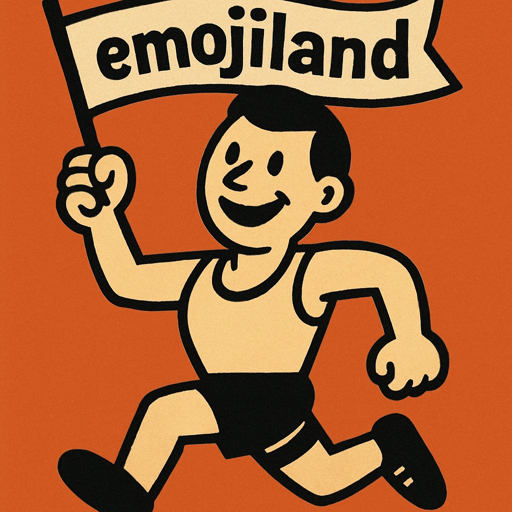happy runner waving a flag that says 'emojiland' emoji
