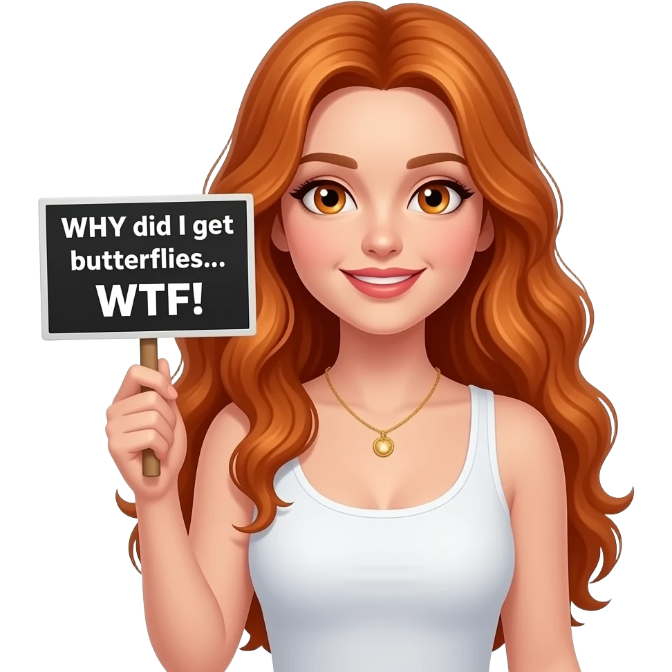 sexy girl with long wavy ginger hair and ginger eyes wearing a white tanktop is holding a black colored sign with WHY did I get butterflies... WTF! written on it emoji