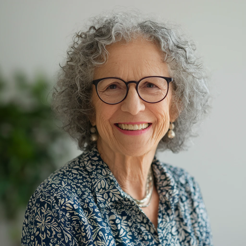 senior woman with glasses, curly hair, warm smile emoji