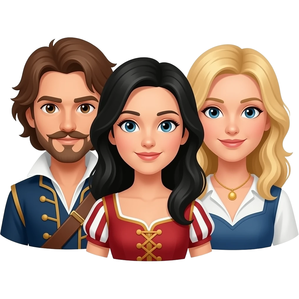 Three musketeers. One guy with brown hair, one girl with black hair and one girl with blond hair emoji
