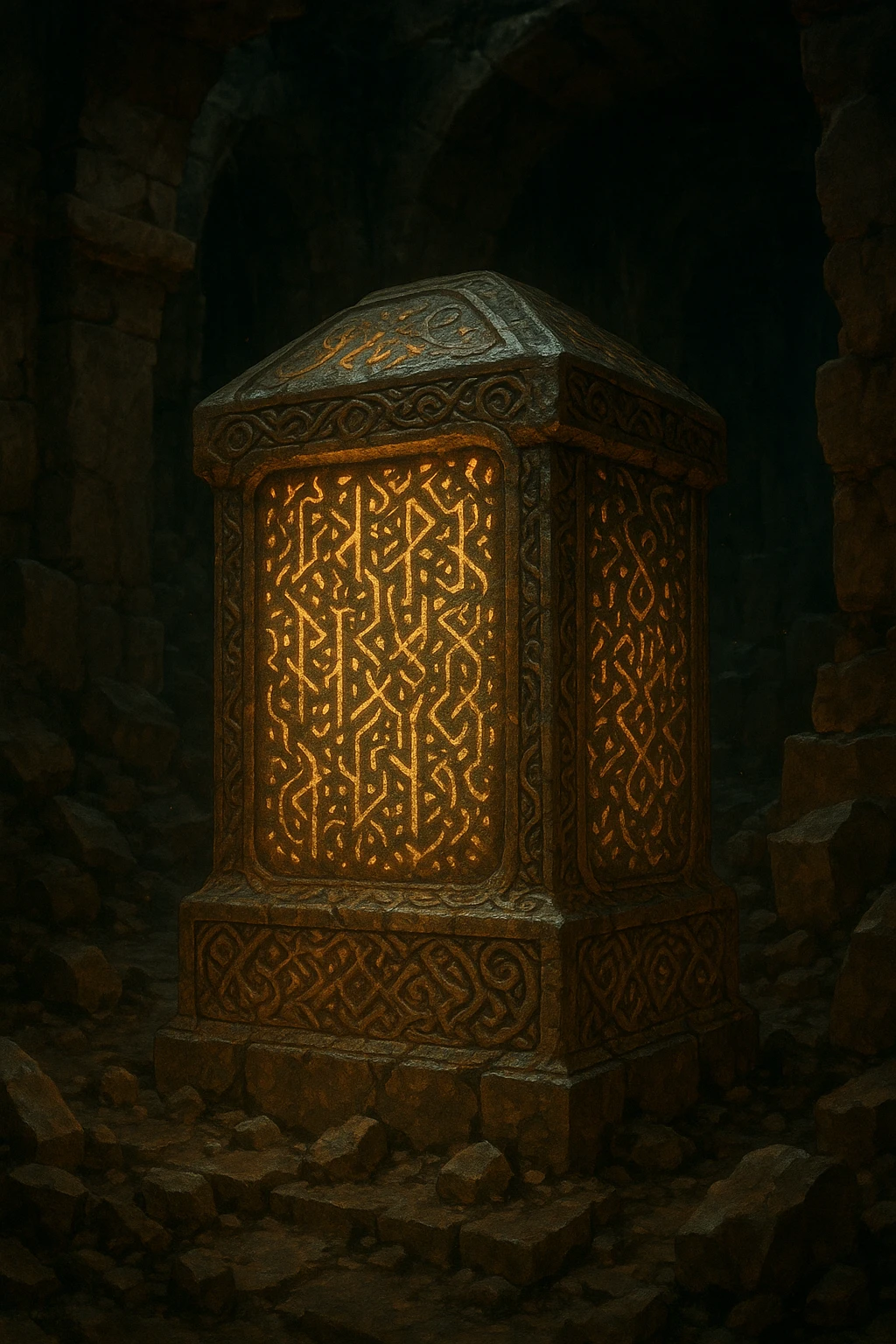 Ancient artifact with mysterious runes, glowing, Tomb Raider style, treasure vibe, no text emoji
