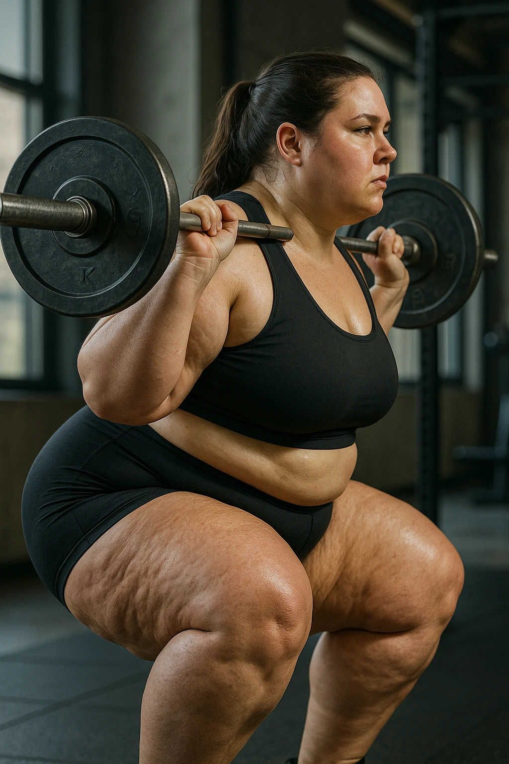 donna grassa con lipedema alle gambe che fa uno squat di profilo con bilanciere, IPERREALISTICA 4K emoji