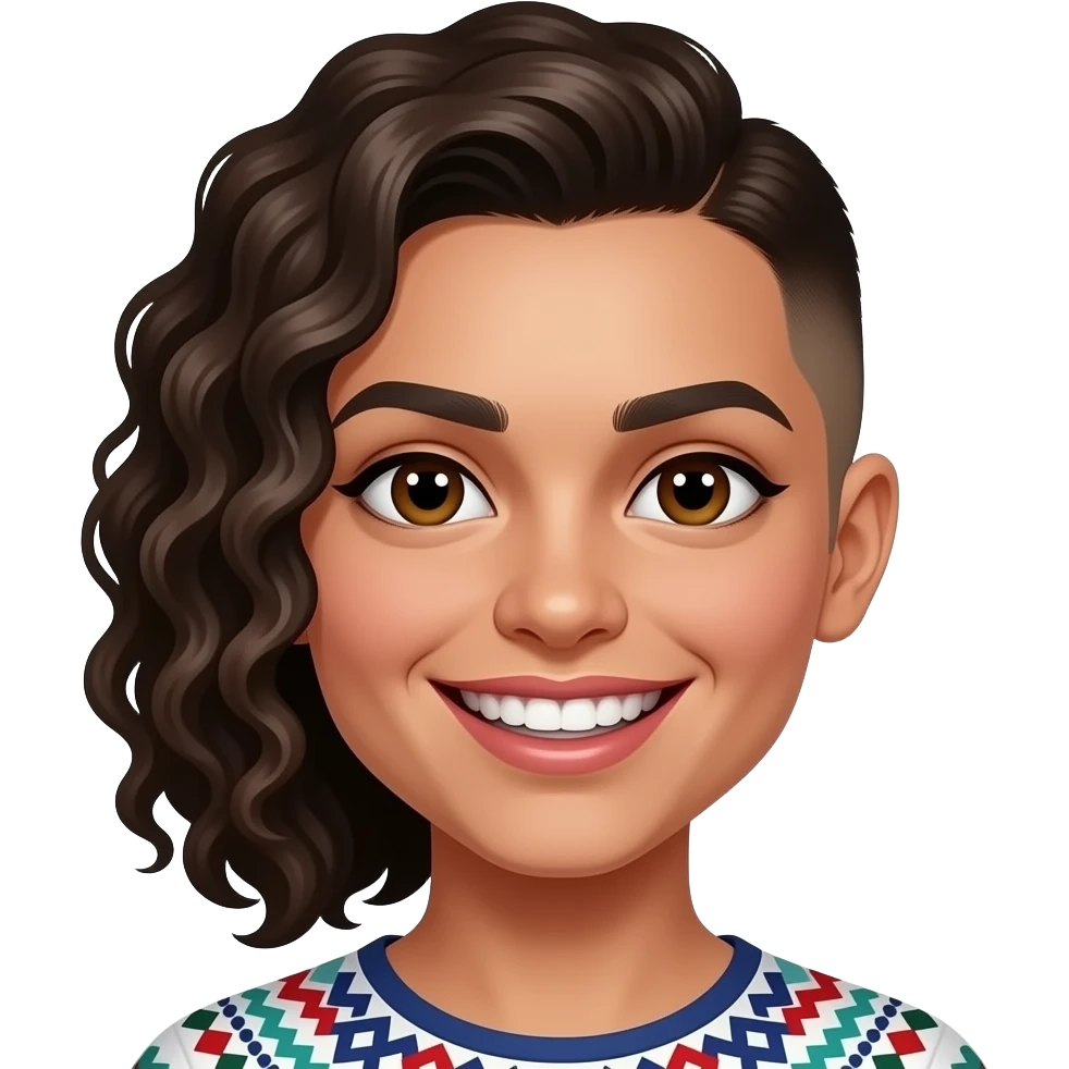 Mexican girl brown eyes with only one side of hair thats curly and the other side she has a buzz cutand make sure that it looks like a girl and a big forehead with lip gloss and a widebig creepy smile BIGGER SMILE SHOWING BOTH SIDES OF HER TEETH emoji