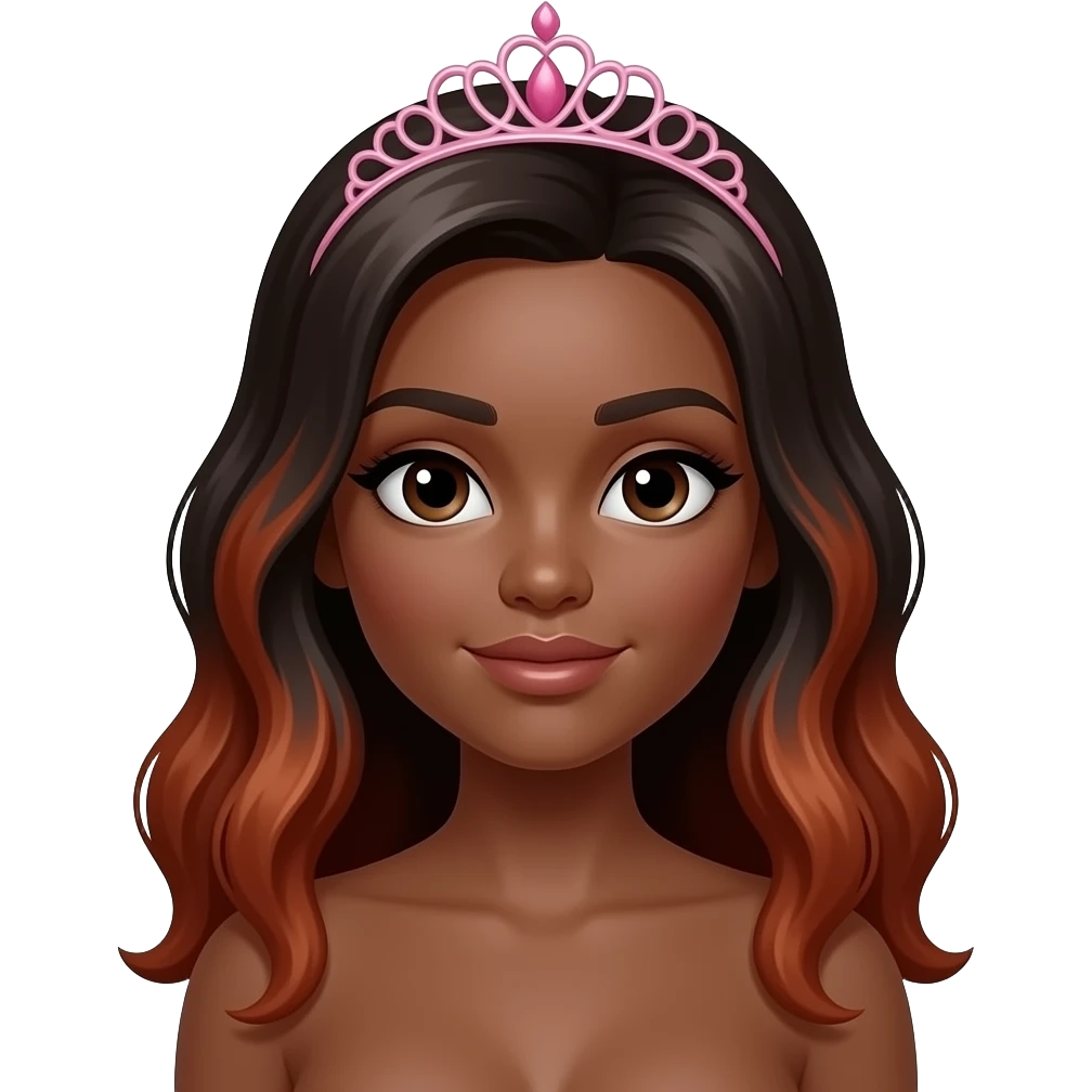 hair with pink tiara, Dark brown eyebrows,Dark brown skin, Doll shaped face, doll eyes, wavy with side part longer straightened auburn  hair with dark brown highlights, big breast no bra emoji
