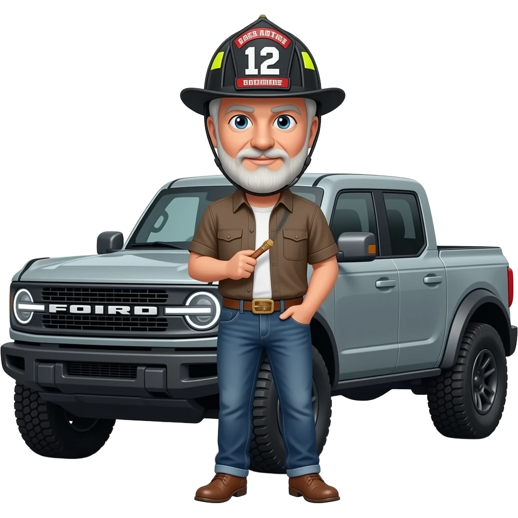 Ford bronco Cartoon emoji-style grey haired man in jeans, cowboy boots, and a firefighter helmet with 12 on the front standing next to marsh gray colored 2025 ford emoji