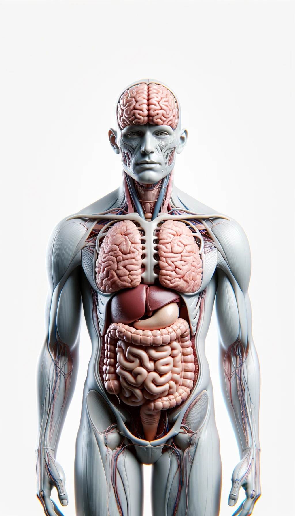 corpo umano anatomico con cervello, intestino e stomaco in evidenza, espressione neutra in volto, posa frontale, iperrealistico 4k, isolato su sfondo bianco emoji