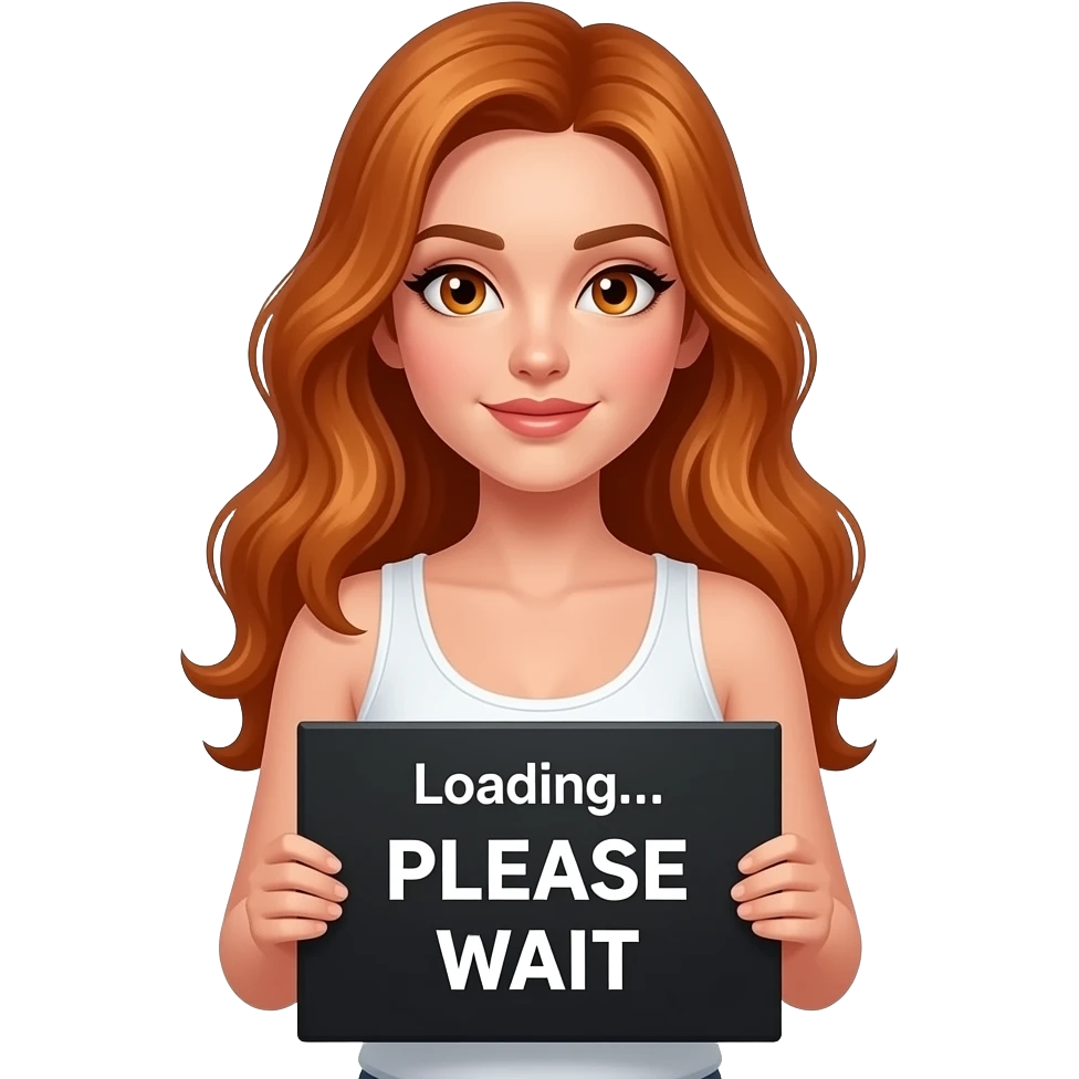 sexy girl with long wavy ginger hair and ginger eyes wearing a white tanktop is holding a black colored sign with Loading... PLEASE WAIT written on it emoji
