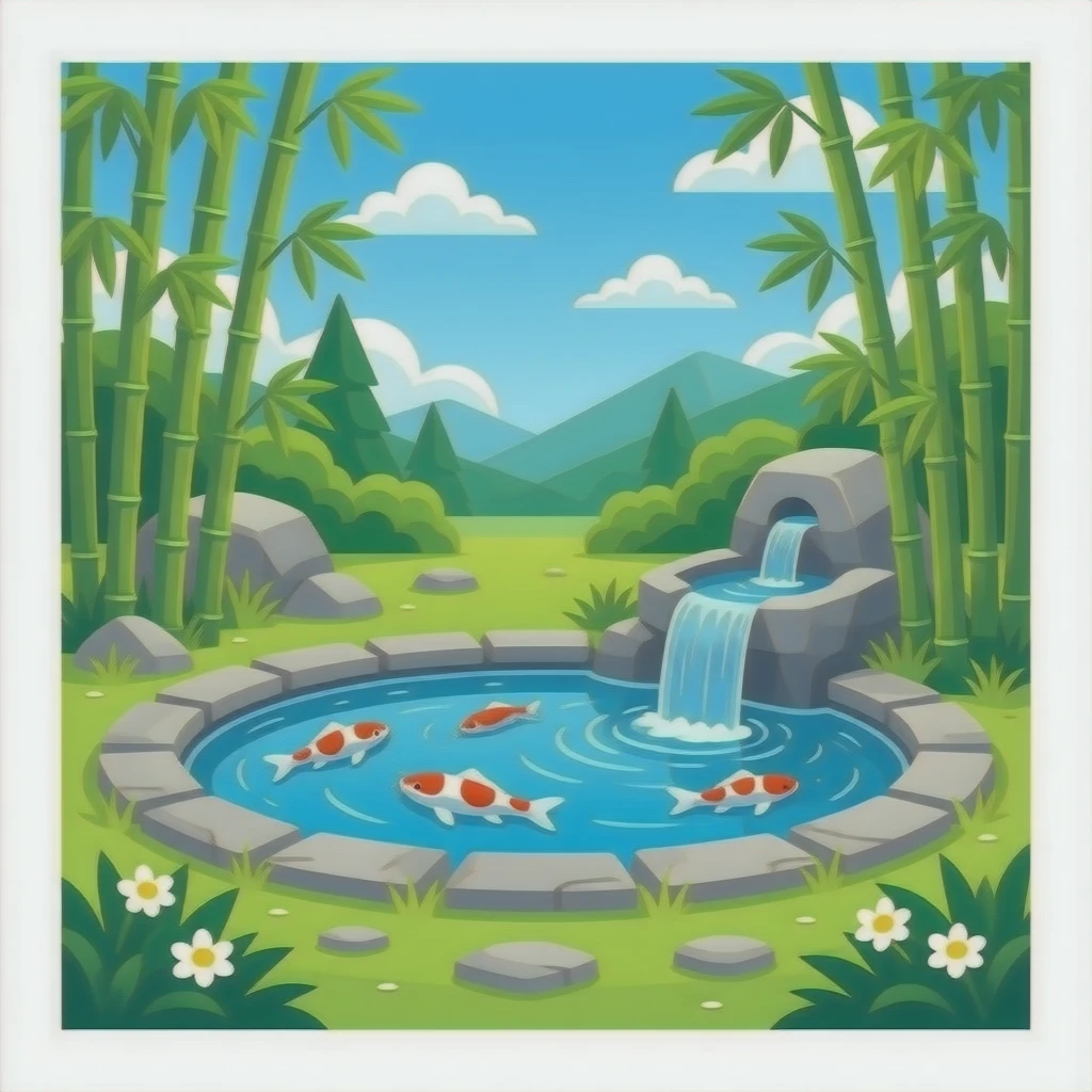 Romantic Asian koi fish pond and bamboo fountain scenic scenery landscape deco emoji
