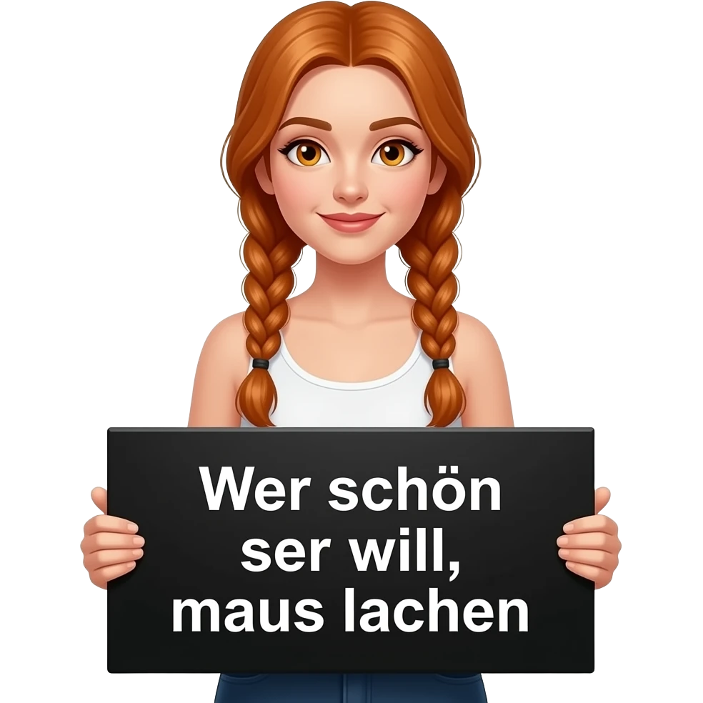 sexy girl with long ginger braids and ginger eyes wearing a white tanktop is holding a big black sign with Wer SCHÖN SEIN will, muss LACHEN written on it emoji