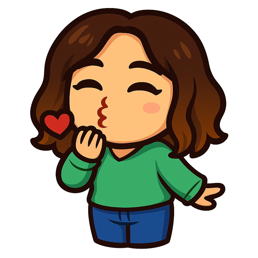 Sticker style chibi emote, matching the attached green heart emote as a base. Woman from reference, mint green sweater and blue jeans, blowing a kiss, cute flirty face, no headband, no wand, transparent background. Top color should not match jeans. emoji