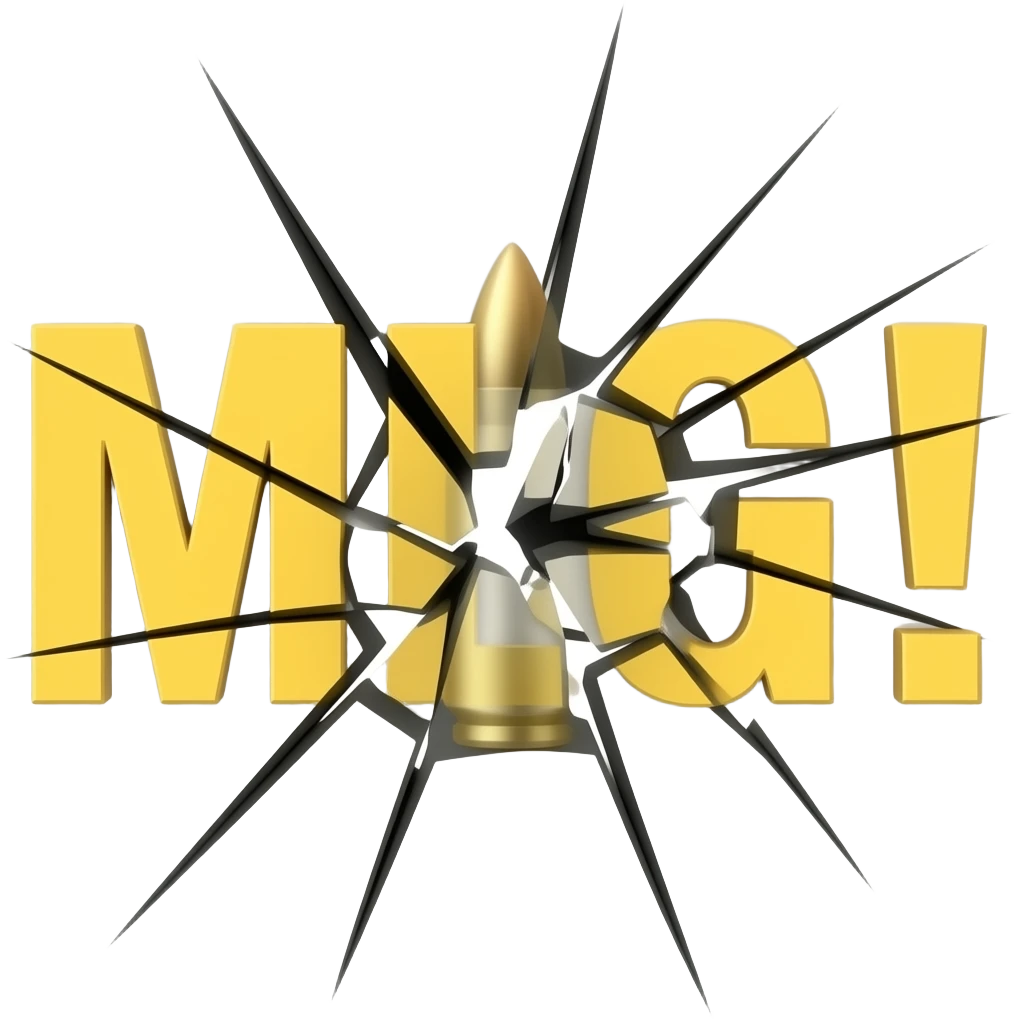 Надпись MLG! жёлтого цвета и раскрошилась на части от выстрела пули emoji