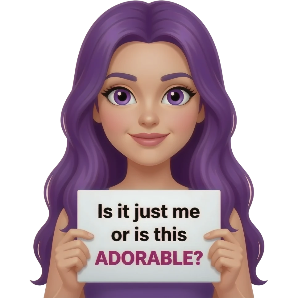 sexy girl with long purple hair and purple eyes holding a Is it just me or is this ADORABLE sign emoji