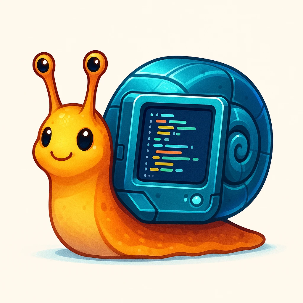 a cute snail with a shell shaped like a computer, working on code, digital art emoji