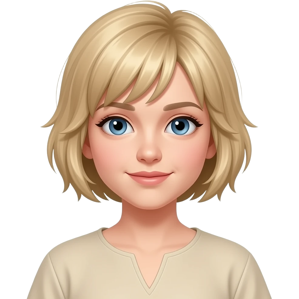 giovane adulto con capelli sotto le orecchie biondi pettinatura a caschetto con la frangia leggermente spettinati, occhi celesti, tunica colore beige emoji