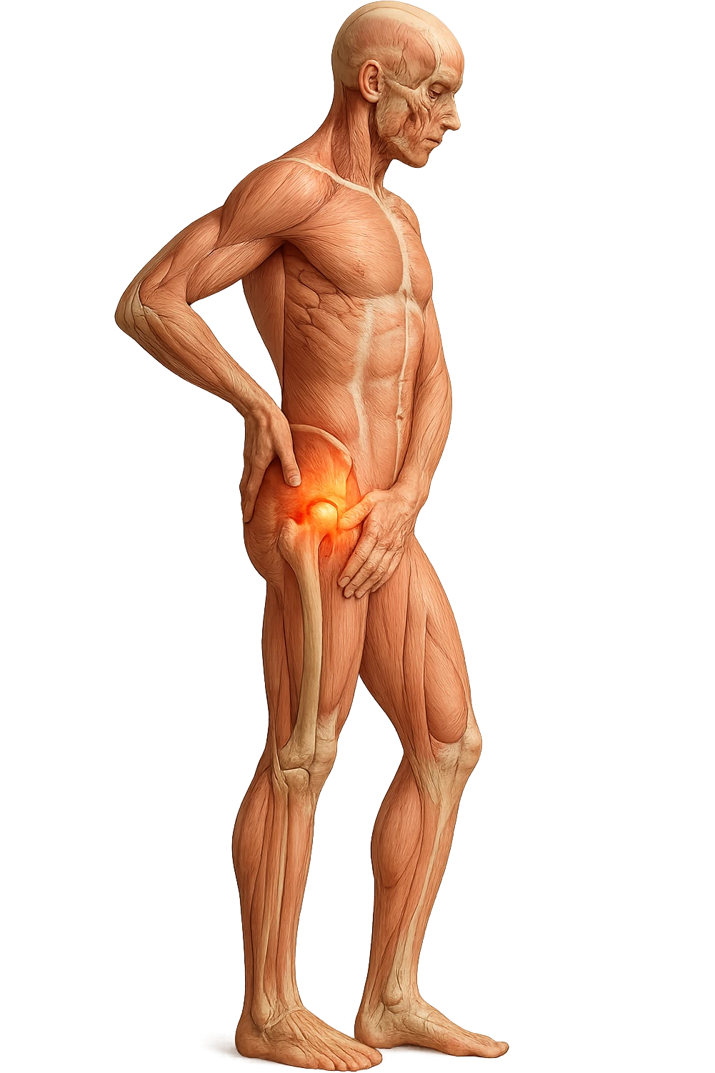 CORPO UMANO ANATOMICO DI PROFILO A FIGURA INTERA REALISTICO CHE SI TOCCA L'ANCA INFIAMMATA, DOLORE ALL'ANCA, IPERREALISTICO 4K emoji
