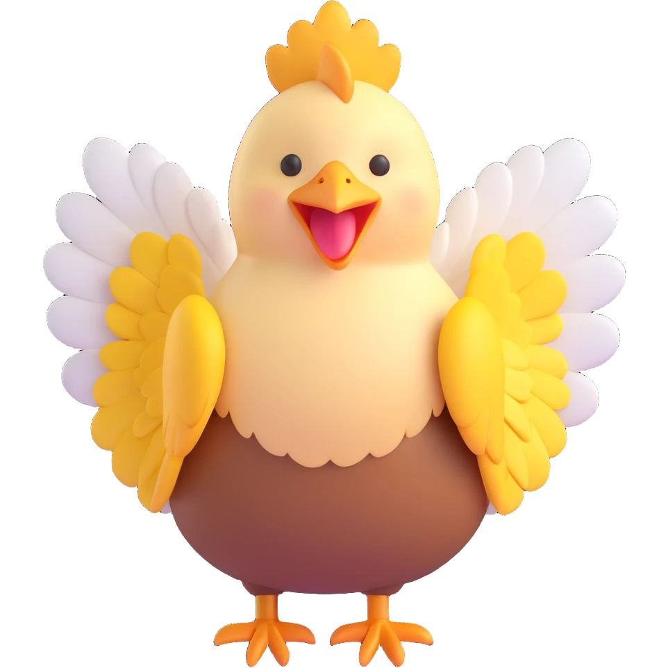 cute hen with fluffy feathers, wings spread, smiling, yellow and white emoji